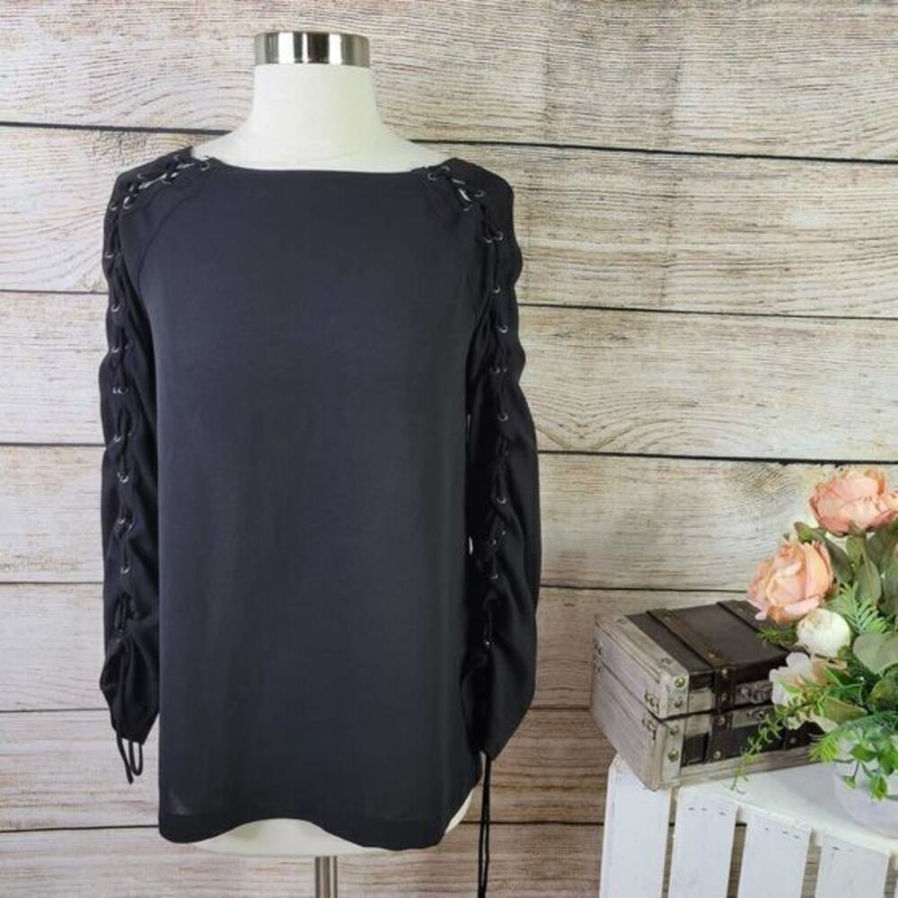 Greylin Lace Up Blouse Top Womens Size XS Black Long Sleeve Boat Neck
